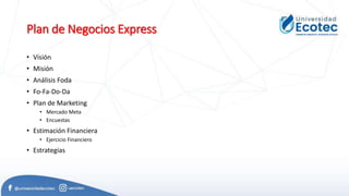 Plan de Negocios Express
• Visión
• Misión
• Análisis Foda
• Fo-Fa-Do-Da
• Plan de Marketing
• Mercado Meta
• Encuestas
• Estimación Financiera
• Ejercicio Financiero
• Estrategias
 