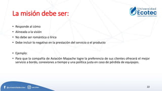 La misión debe ser:
• Responde al cómo
• Alineada a la visión
• No debe ser romántica o lírica
• Debe incluir lo negativo en la prestación del servicio o el producto
• Ejemplo:
• Para que la compañía de Aviación Mapache logre la preferencia de sus clientes ofrecerá el mejor
servicio a bordo, conexiones a tiempo y una política justa en caso de pérdida de equipajes.
22
 