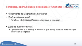 Fortalezas, oportunidades, debilidades y Amenazas (F.O.D.A.)
• Herramienta de Diagnóstico Empresarial
• ¿Qué puedo controlar?
• Fortalezas y Debilidades (Aspectos internos de la empresa)
• ¿Qué no puedo controlar?
• Oportunidades (las busco) y Amenazas (las evito) Aspectos externos que
influyen en la empresa
25
 