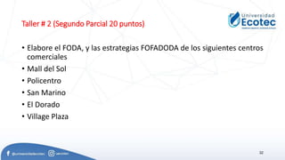 Taller # 2 (Segundo Parcial 20 puntos)
• Elabore el FODA, y las estrategias FOFADODA de los siguientes centros
comerciales
• Mall del Sol
• Policentro
• San Marino
• El Dorado
• Village Plaza
32
 