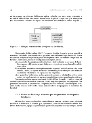 48                                            Teor. Evid. Econ., Passo Fundo, v. 6, n. 11, p. 37-68, nov. 1998




de incorporar os valores e hábitos de vida e trabalho dos pais, avós, enquanto o
mundo e o Brasil iam mudando. A conclusão a que se chega é de que a empresa
fica entremeio à família a ela ligada e o ambiente mutável que a rodeia (Figura 1).




Figura 1 - Relação entre família x empresa x ambiente.


      No conceito de Donnelley (1987), “empresa familiar é aquela que se identifica
com uma família há pelo menos duas gerações e quando essa ligação resulta numa
influência recíproca na política geral da empresa e nos interesses e objetivos da
família”. Para tanto, revelam-se algumas condições, como:
      a) a sucessão dos cargos administrativos é determinada pelos laços de famí-
          lia; esposas e filhos dos atuais dirigentes encontram-se no Conselho Admi-
          nistrativo;
      b) os valores institucionais importantes da empresa identificam-se com uma
          família, isto é, as ações (formais e informais) praticadas por um membro
          da família refletem-se na reputação da empresa;
      c) os parentes (sobrinhos, netos, genros) sentem-se obrigados a ficar com
          ações por razões mais do que puramente financeiras, geralmente afetivas.
      Tomando por base as discussões de Lodi (1993) e Donnelly (1987), é possível
afirmar que empresa familiar só nasce com a segunda geração de dirigentes. Na
gestão do fundador, é apenas uma “empresa pessoal” onde há um arranjo de rela-
ções muito pessoal entre este e seus colaboradores (empregados e membros da
família).


     2.2.2 Estilos de liderança adotados por empresários de empresas
           familiares

      O fato de a empresa familiar, normalmente, conter variáveis mais afetivas
(lealdade e dedicação à família que representa, concepção de continuidade dos
ideais do fundador, apego ao passado) do que racionais (adaptação estratégica frente
 