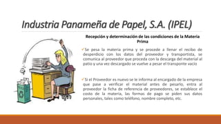 Industria Panameña de Papel, S.A. (IPEL)
Recepción y determinación de las condiciones de la Materia
Prima
Se pesa la materia prima y se procede a llenar el recibo de
desperdicio con los datos del proveedor y transportista, se
comunica al proveedor que proceda con la descarga del material al
patio y una vez descargado se vuelve a pesar el transponte vacío
Si el Proveedor es nuevo se le informa al encargado de la empresa
que pase a verificar el material antes de pesarlo, entra al
proveedor la ficha de referencia de proveedores, se establece el
costo de la materia, las formas de pago se piden sus datos
personales, tales como teléfono, nombre completo, etc.
 