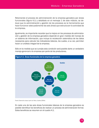 75
Módulo - Empresa Ganadera
Retomando el proceso de administración de la empresa ganadera por áreas
funcionales (figura 4.1) y detallado en el mensaje 1 de este módulo, se de-
duce que la administración y gestión de los procesos es la herramienta que
hace funcionar adecuadamente las seis áreas que estructuran la actividad de
la empresa.
Igualmente, es importante recordar que la mejora en los procesos de administra-
ción y gestión de la empresa ganadera depende en gran medida del manejo de
un sistema de información, que incluya la recolección sistemática de los datos
necesarios para calcular los indicadores básicos, los cuales, a su vez, permitan
hacer un análisis integral de la empresa.
Sólo en la medida que se cumpla esta condición será posible darle un verdadero
manejo gerencial a la empresa por parte de los productores.
Figura 4.1. Áreas funcionales de la empresa ganadera
Área de
información
Área de
producción
Área de
mercadeo
Área de
finanzas
Área de
recurso
humano
Área de
responsabilidad
social
Gestión
Fuente: Elaboración propia a partir de Téllez y Cubillos (2004b).
En cada una de las seis áreas funcionales básicas de la empresa ganadera es
posible identificar los beneficios de realizar un proceso de administración formal.
Estos beneficios se resumen en el cuadro 4.1.
 