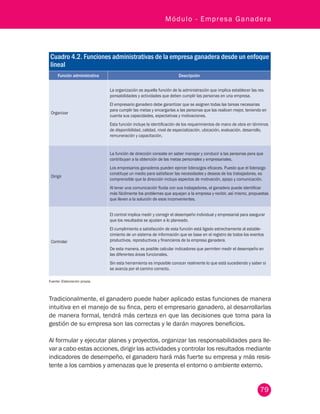 79
Módulo - Empresa Ganadera
Cuadro 4.2. Funciones administrativas de la empresa ganadera desde un enfoque
lineal
Función administrativa Descripción
Organizar
La organización es aquella función de la administración que implica establecer las res-
ponsabilidades y actividades que deben cumplir las personas en una empresa.
El empresario ganadero debe garantizar que se asignen todas las tareas necesarias
para cumplir las metas y encargarlas a las personas que las realicen mejor, teniendo en
cuenta sus capacidades, expectativas y motivaciones.
Esta función incluye la identificación de los requerimientos de mano de obra en términos
de disponibilidad, calidad, nivel de especialización, ubicación, evaluación, desarrollo,
remuneración y capacitación.
Dirigir
La función de dirección consiste en saber manejar y conducir a las personas para que
contribuyan a la obtención de las metas personales y empresariales.
Los empresarios ganaderos pueden ejercer liderazgos eficaces. Puesto que el liderazgo
constituye un medio para satisfacer las necesidades y deseos de los trabajadores, es
comprensible que la dirección incluya aspectos de motivación, apoyo y comunicación.
Al tener una comunicación fluida con sus trabajadores, el ganadero puede identificar
más fácilmente los problemas que aquejan a la empresa y recibir, así mismo, propuestas
que lleven a la solución de esos inconvenientes.
Controlar
El control implica medir y corregir el desempeño individual y empresarial para asegurar
que los resultados se ajusten a lo planeado.
El cumplimiento a satisfacción de esta función está ligado estrechamente al estable-
cimiento de un sistema de información que se base en el registro de todos los eventos
productivos, reproductivos y financieros de la empresa ganadera.
De esta manera, es posible calcular indicadores que permiten medir el desempeño en
las diferentes áreas funcionales.
Sin esta herramienta es imposible conocer realmente lo que está sucediendo y saber si
se avanza por el camino correcto.
Fuente: Elaboración propia.
Tradicionalmente, el ganadero puede haber aplicado estas funciones de manera
intuitiva en el manejo de su finca, pero el empresario ganadero, al desarrollarlas
de manera formal, tendrá más certeza en que las decisiones que toma para la
gestión de su empresa son las correctas y le darán mayores beneficios.
Al formular y ejecutar planes y proyectos, organizar las responsabilidades para lle-
var a cabo estas acciones, dirigir las actividades y controlar los resultados mediante
indicadores de desempeño, el ganadero hará más fuerte su empresa y más resis-
tente a los cambios y amenazas que le presenta el entorno o ambiente externo.
 