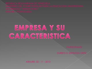 REPUBLICA BOLIVARIANA DE VENEZUELA
MINISTERIO DEL PODER POPULAR PARA LA EDUCACION UNIVERSITARIA
UNIVERSIDAD ‘‘FERMIN TORO’’
ARAURE – PORTUGUESA.

PARTICIPANTE:
DURBYS H. ESPINOZA ORTIZ

ARAURE, 02 - 11 - 2013

 