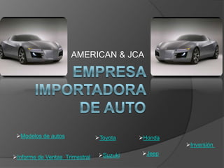 AMERICAN & JCA
Modelos de autos Toyota
Suzuki
Honda
Jeep
Inversión
Informe de Ventas Trimestral
 