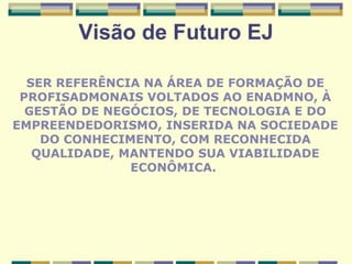 Visão de Futuro EJ SER REFERÊNCIA NA ÁREA DE FORMAÇÃO DE PROFISADMONAIS VOLTADOS AO ENADMNO, À GESTÃO DE NEGÓCIOS, DE TECNOLOGIA E DO EMPREENDEDORISMO, INSERIDA NA SOCIEDADE DO CONHECIMENTO, COM RECONHECIDA QUALIDADE, MANTENDO SUA VIABILIDADE ECONÔMICA.  