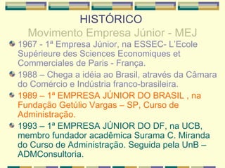 HISTÓRICO  Movimento Empresa Júnior - MEJ 1967 - 1ª Empresa Júnior, na ESSEC- L’Ecole Supérieure des Sciences Economiques et Commerciales de Paris - França. 1988 – Chega a idéia ao Brasil, através da Câmara do Comércio e Indústria franco-brasileira. 1989 – 1ª EMPRESA JÚNIOR DO BRASIL , na Fundação Getúlio Vargas – SP, Curso de Administração. 1993 – 1ª EMPRESA JÚNIOR DO DF, na UCB, membro fundador acadêmica Surama C. Miranda do Curso de Administração. Seguida pela UnB – ADMConsultoria. 