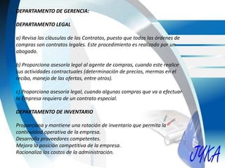 DEPARTAMENTO DE GERENCIA:
DEPARTAMENTO LEGAL
a) Revisa las cláusulas de los Contratos, puesto que todas las órdenes de
compras son contratos legales. Este procedimiento es realizado por un
abogado.
b) Proporciona asesoría legal al agente de compras, cuando este realice
sus actividades contractuales (determinación de precios, mermas en el
recibo, manejo de las ofertas, entre otros).
c) Proporciona asesoría legal, cuando algunas compras que va a efectuar
la Empresa requiera de un contrato especial.
DEPARTAMENTO DE INVENTARIO
Proporciona y mantiene una rotación de inventario que permita la
continuidad operativa de la empresa.
Desarrolla proveedores competentes.
Mejora la posición competitiva de la empresa.
Racionaliza los costos de la administración.
 