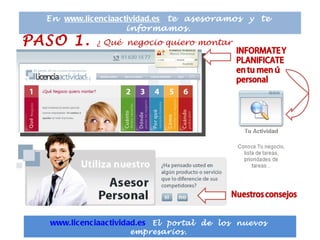 En    www.licenciaactividad.es   te  asesoramos  y  te  informamos.  www.licenciaactividad.es   El  portal  de  los  nuevos  empresarios.  PASO 1.  ¿ Qué  negocio quiero montar ?  montar? 