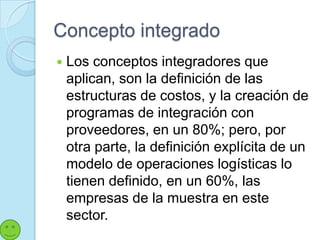 Concepto integrado
   Los conceptos integradores que
    aplican, son la definición de las
    estructuras de costos, y la creación de
    programas de integración con
    proveedores, en un 80%; pero, por
    otra parte, la definición explícita de un
    modelo de operaciones logísticas lo
    tienen definido, en un 60%, las
    empresas de la muestra en este
    sector.
 