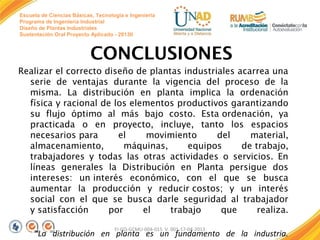 Escuela de Ciencias Básicas, Tecnología e Ingeniería
Programa de Ingeniería Industrial
Diseño de Plantas Industriales
Sustentación Oral Proyecto Aplicado - 2013II

CONCLUSIONES
Realizar el correcto diseño de plantas industriales acarrea una
serie de ventajas durante la vigencia del proceso de la
misma. La distribución en planta implica la ordenación
física y racional de los elementos productivos garantizando
su flujo óptimo al más bajo costo. Esta ordenación, ya
practicada o en proyecto, incluye, tanto los espacios
necesarios para
el
movimiento
del
material,
almacenamiento,
máquinas,
equipos
de trabajo,
trabajadores y todas las otras actividades o servicios. En
líneas generales la Distribución en Planta persigue dos
intereses: un interés económico, con el que se busca
aumentar la producción y reducir costos; y un interés
social con el que se busca darle seguridad al trabajador
y satisfacción
por
el
trabajo
que
realiza.
FI-GQ-GCMU-004-015 V. 001-17-04-2013

“La distribución en planta es un fundamento de la industria.

 