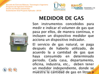 Escuela de Ciencias Básicas, Tecnología e Ingeniería
Programa de Ingeniería Industrial
Diseño de Plantas Industriales
Sustentación Oral Proyecto Aplicado - 2013II

MEDIDOR DE GAS
Son instrumentos concebidos para
medir e indicar el volumen de gas que
pasa por ellos, de manera continua, e
incluyen un dispositivo medidor que
acciona un dispositivo indicador.
El servicio de gas natural, se paga
después de haberlo utilizado, de
acuerdo la a cantidad de gas que
haya consumido en determinado
periodo. Cada casa, departamento,
oficina, industria, etc., deben tener
un medidor independiente, donde se
FI-GQ-GCMU-004-015 V. 001-17-04-2013
muestra la cantidad de gas en litros o

 
