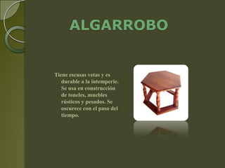 ALGARROBO


Tiene escasas vetas y es
   durable a la intemperie.
   Se usa en construcción
   de toneles, muebles
   rústicos y pesados. Se
   oscurece con el paso del
   tiempo.
 