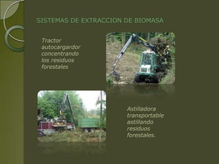 SISTEMAS DE EXTRACCION DE BIOMASA


 Tractor
 autocargardor
 concentrando
 los residuos
 forestales




                       Astilladora
                       transportable
                       astillando
                       residuos
                       forestales.
 