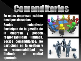 En estas empresas existen
dos tipos de socios:
Socios colectivos:
Participan de la gestión de
la empresa y poseen
responsabilidad ilimitada.
Socios comanditarios: No
participan en la gestión y
su responsabilidad es
limitada al capital
aportado.
 