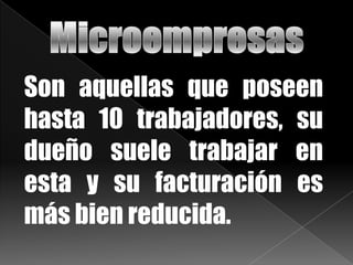 Son aquellas que poseen
hasta 10 trabajadores, su
dueño suele trabajar en
esta y su facturación es
más bien reducida.
 