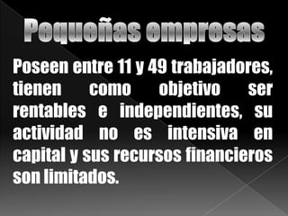 Poseen entre 11 y 49 trabajadores,
tienen como objetivo ser
rentables e independientes, su
actividad no es intensiva en
capital y sus recursos financieros
son limitados.
 