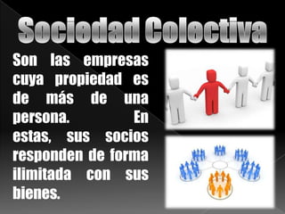 Son las empresas
cuya propiedad es
de más de una
persona. En
estas, sus socios
responden de forma
ilimitada con sus
bienes.
 