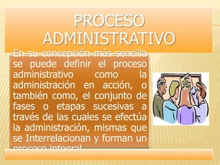 PROCESO
       ADMINISTRATIVO
En su concepción más sencilla
se puede definir el proceso
administrativo     como       la
administración en acción, o
también como, el conjunto de
fases o etapas sucesivas a
través de las cuales se efectúa
la administración, mismas que
se Interrelacionan y forman un
proceso integral.
 