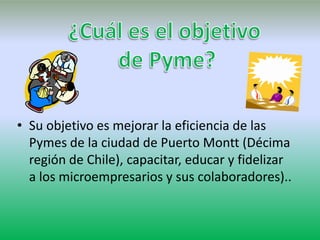 • Su objetivo es mejorar la eficiencia de las
  Pymes de la ciudad de Puerto Montt (Décima
  región de Chile), capacitar, educar y fidelizar
  a los microempresarios y sus colaboradores)..
 