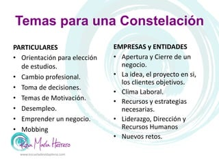 Temas para una Constelación
PARTICULARES
• Orientación para elección
de estudios.
• Cambio profesional.
• Toma de decisiones.
• Temas de Motivación.
• Desempleo.
• Emprender un negocio.
• Mobbing
EMPRESAS y ENTIDADES
• Apertura y Cierre de un
negocio.
• La idea, el proyecto en si,
los clientes objetivos.
• Clima Laboral.
• Recursos y estrategias
necesarias.
• Liderazgo, Dirección y
Recursos Humanos
• Nuevos retos.
www.escueladevidaplena.com
 