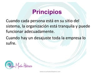 Principios
Cuando cada persona está en su sitio del
sistema, la organización está tranquila y puede
funcionar adecuadamente.
Cuando hay un desajuste toda la empresa lo
sufre.
www.escueladevidaplena.com
 