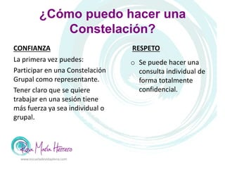 ¿Cómo puedo hacer una
Constelación?
CONFIANZA
La primera vez puedes:
Participar en una Constelación
Grupal como representante.
Tener claro que se quiere
trabajar en una sesión tiene
más fuerza ya sea individual o
grupal.
RESPETO
o Se puede hacer una
consulta individual de
forma totalmente
confidencial.
www.escueladevidaplena.com
 