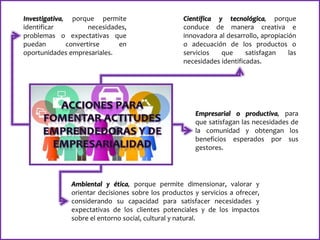 Investigativa, porque permite
identificar necesidades,
problemas o expectativas que
puedan convertirse en
oportunidades empresariales.
Científica y tecnológica, porque
conduce de manera creativa e
innovadora al desarrollo, apropiación
o adecuación de los productos o
servicios que satisfagan las
necesidades identificadas.
Ambiental y ética, porque permite dimensionar, valorar y
orientar decisiones sobre los productos y servicios a ofrecer,
considerando su capacidad para satisfacer necesidades y
expectativas de los clientes potenciales y de los impactos
sobre el entorno social, cultural y natural.
Empresarial o productiva, para
que satisfagan las necesidades de
la comunidad y obtengan los
beneficios esperados por sus
gestores.
 