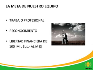 LA META DE NUESTRO EQUIPO 
• TRABAJO PROFESIONAL 
• RECONOCIMIENTO 
• LIBERTAD FINANCIERA DE 
100 MIL $us.- AL MES 
 