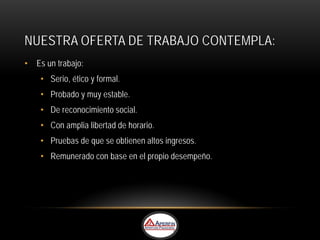 NUESTRA OFERTA DE TRABAJO CONTEMPLA:
• Es un trabajo:
    • Serio, ético y formal.
    • Probado y muy estable.
    • De reconocimiento social.
    • Con amplia libertad de horario.
    • Pruebas de que se obtienen altos ingresos.
    • Remunerado con base en el propio desempeño.
 