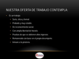 NUESTRA OFERTA DE TRABAJO CONTEMPLA:
• Es un trabajo:
    • Serio, ético y formal.
    • Probado y muy estable.
    • De reconocimiento social.
    • Con amplia libertad de horario.
    • Pruebas de que se obtienen altos ingresos.
    • Remunerado con base en el propio desempeño.
    • Inmune a la piratería.
 
