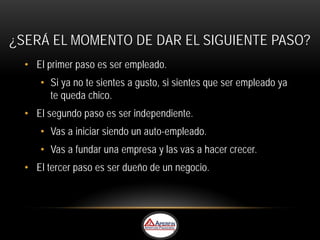 ¿SERÁ EL MOMENTO DE DAR EL SIGUIENTE PASO?
  • El primer paso es ser empleado.
     • Si ya no te sientes a gusto, si sientes que ser empleado ya
       te queda chico.
  • El segundo paso es ser independiente.
     • Vas a iniciar siendo un auto-empleado.
     • Vas a fundar una empresa y las vas a hacer crecer.
  • El tercer paso es ser dueño de un negocio.
 