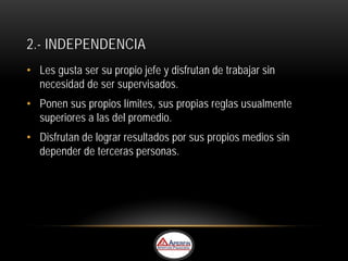 2.- INDEPENDENCIA
• Les gusta ser su propio jefe y disfrutan de trabajar sin
  necesidad de ser supervisados.
• Ponen sus propios límites, sus propias reglas usualmente
  superiores a las del promedio.
• Disfrutan de lograr resultados por sus propios medios sin
  depender de terceras personas.
 