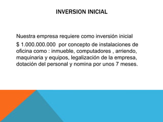 INVERSION INICIAL


Nuestra empresa requiere como inversión inicial
$ 1.000.000.000 por concepto de instalaciones de
oficina como : inmueble, computadores , arriendo,
maquinaria y equipos, legalización de la empresa,
dotación del personal y nomina por unos 7 meses.
 