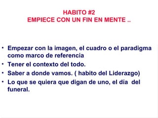 HABITO #2 EMPIECE CON UN FIN EN MENTE .. Empezar con la imagen, el cuadro o el paradigma como marco de referencia  Tener el contexto del todo. Saber a donde vamos. ( habito del Liderazgo) Lo que se quiera que digan de uno, el día  del  funeral. 