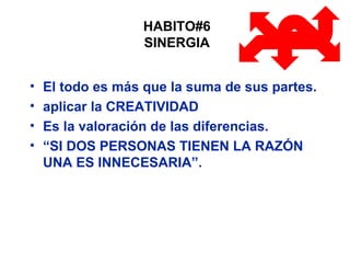 HABITO#6  SINERGIA El todo es más que la suma de sus partes. aplicar la CREATIVIDAD Es la valoración de las diferencias. “ SI DOS PERSONAS TIENEN LA RAZÓN UNA ES INNECESARIA”. 