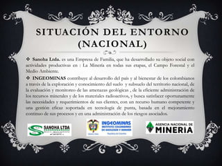 SITUACIÓN DEL ENTORNO
(NACIONAL)
 Sanoha Ltda. es una Empresa de Familia, que ha desarrollado su objeto social con
actividades productivas en : La Minería en todas sus etapas, el Campo Forestal y el
Medio Ambiente.
 INGEOMINAS contribuye al desarrollo del país y al bienestar de los colombianos
a través de la exploración y conocimiento del suelo y subsuelo del territorio nacional, de
la evaluación y monitoreo de las amenazas geológicas , de la eficiente administración de
los recursos minerales y de los materiales radioactivos, y busca satisfacer oportunamente
las necesidades y requerimientos de sus clientes, con un recurso humano competente y
una gestión eficaz soportada en tecnología de punta, basada en el mejoramiento
continuo de sus procesos y en una administración de los riesgos asociados.

 