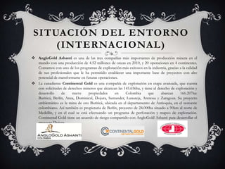 SITUACIÓN DEL ENTORNO
(INTERNACIONAL)
 AngloGold Ashanti es una de las tres compañías más importantes de producción minera en el
mundo con una producción de 4.52 millones de onzas en 2010, y 20 operaciones en 4 continentes.
Contamos con uno de los programas de exploración más exitosos en la industria, gracias a la calidad
de sus profesionales que le ha permitido establecer una importante base de proyectos con alto
potencial de transformarse en futuras operaciones.
 La canadiense Continental Gold es una compañía de exploración en etapa avanzada, que cuenta
con solicitudes de derechos mineros que alcanzan las 145.656ha, y tiene el derecho de exploración y
desarrollo
de
nueve
propiedades
en
Colombia
que
abarcan
166.207ha:
Buriticá, Berlín, Anza, Dominical, Dojura, Santander, Lunareja, Arenosa y Zaragoza. Su proyecto
emblemático es la mina de oro Buriticá, ubicada en el departamento de Antioquía, en el noroeste
colombiano. Así también es propietaria de Berlín, proyecto de 24.000ha situado a 90km al norte de
Medellín, y en el cual se está efectuando un programa de perforación y mapeo de exploración.
Continental Gold tiene un acuerdo de riesgo compartido con AngloGold Ashanti para desarrollar el
proyecto Dojura.

 