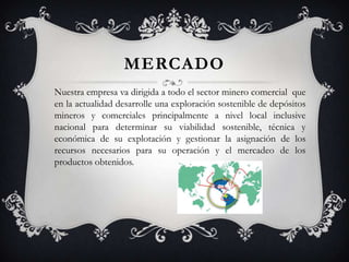 MERCADO
Nuestra empresa va dirigida a todo el sector minero comercial que
en la actualidad desarrolle una exploración sostenible de depósitos
mineros y comerciales principalmente a nivel local inclusive
nacional para determinar su viabilidad sostenible, técnica y
económica de su explotación y gestionar la asignación de los
recursos necesarios para su operación y el mercadeo de los
productos obtenidos.

 