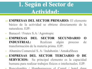  EMPRESAS DEL SECTOR PRIMARIO: El elemento
  básico de la actividad se obtiene directamente de la
  naturaleza. EJP:
• Banacol / Frutex S.A / Agrotropic
 EMPRESAS DEL SECTOR SECUNDARIO O
  INDUSTRIAL:            Realizan algún proceso de
  transformación de la materia prima. EJP:
• Altamira Comercial S. A / Indubotón / AmakaShoes
 EMPRESAS DEL SECTOR TERCIARIO O DE
  SERVICIOS: Su principal elemento es la capacidad
  humana para realizar trabajos físicos o intelectuales. EJP:
 