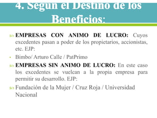  EMPRESAS CON ANIMO DE LUCRO: Cuyos
  excedentes pasan a poder de los propietarios, accionistas,
  etc. EJP:
• Bimbo/ Arturo Calle / PatPrimo
 EMPRESAS SIN ANIMO DE LUCRO: En este caso
  los excedentes se vuelcan a la propia empresa para
  permitir su desarrollo. EJP:
 Fundación    de la Mujer / Cruz Roja / Universidad
    Nacional
 