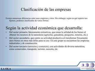 Clasificación de las empresas   Existen numerosas diferencias entre unas empresas y otras. Sin embargo, según en qué aspecto nos fijemos, podemos clasificarlas de varias formas.  Según la actividad económica que desarrolla:   Del sector primario, básicamente extractivas, que crean la utilidad de los bienes al obtener los recursos de la naturaleza (agrícolas, ganaderas, pesqueras, mineras, etc.).  Del sector secundario, que centra su actividad productiva al transformar físicamente unos bienes en otros más útiles para su uso. En este grupo se encuentran las empresas industriales y de construcción.  Del sector terciario (servicios y comercio), con actividades de diversa naturaleza, como comerciales, transporte, turismo, asesoría, etc.  LA OLA 