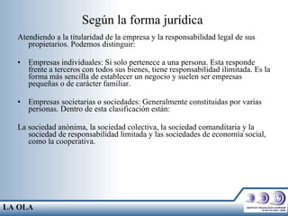 Según la forma jurídica  Atendiendo a la titularidad de la empresa y la responsabilidad legal de sus propietarios. Podemos distinguir: Empresas individuales: Si solo pertenece a una persona. Esta responde frente a terceros con todos sus bienes, tiene responsabilidad ilimitada. Es la forma más sencilla de establecer un negocio y suelen ser empresas pequeñas o de carácter familiar.  Empresas societarias o sociedades: Generalmente constituidas por varias personas. Dentro de esta clasificación están:  La sociedad anónima, la sociedad colectiva, la sociedad comanditaria y la sociedad de responsabilidad limitada y las sociedades de economía social, como la cooperativa. LA OLA 