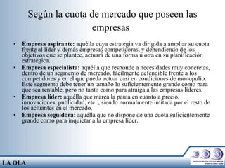 Según la cuota de mercado que poseen las empresas   Empresa aspirante:  aquélla cuya estrategia va dirigida a ampliar su cuota frente al líder y demás empresas competidoras, y dependiendo de los objetivos que se plantee, actuará de una forma u otra en su planificación estratégica.  Empresa especialista:  aquélla que responde a necesidades muy concretas, dentro de un segmento de mercado, fácilmente defendible frente a los competidores y en el que pueda actuar casi en condiciones de monopolio. Este segmento debe tener un tamaño lo suficientemente grande como para que sea rentable, pero no tanto como para atraiga a las empresas líderes.  Empresa líder:  aquélla que marca la pauta en cuanto a precio, innovaciones, publicidad, etc.., siendo normalmente imitada por el resto de los actuantes en el mercado.  Empresa seguidora:  aquélla que no dispone de una cuota suficientemente grande como para inquietar a la empresa líder.  LA OLA 