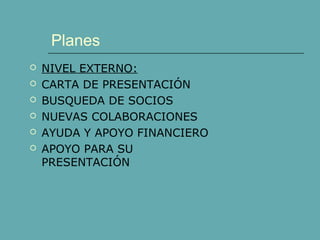 Planes
 NIVEL EXTERNO:
 CARTA DE PRESENTACIÓN
 BUSQUEDA DE SOCIOS
 NUEVAS COLABORACIONES
 AYUDA Y APOYO FINANCIERO
 APOYO PARA SU
PRESENTACIÓN
 