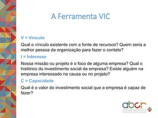 V = Vínculo
Qual o vínculo existente com a fonte de recursos? Quem seria a
melhor pessoa da organização para fazer o contato?
I = Interesse
Nossa missão ou projeto é o foco de alguma empresa? Qual o
histórico do investimento social da empresa? Existe alguém na
empresa interessado na causa ou no projeto?
C = Capacidade
Qual é o valor do investimento social que a empresa é capaz de
fazer?
A Ferramenta VIC
 
