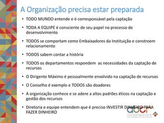 • TODO MUNDO entende e é corresponsável pela captação
• TODA A EQUIPE é consciente de seu papel no processo de
desenvolvimento
• TODOS se comportam como Embaixadores da Instituição e constroem
relacionamento
• TODOS sabem contar a história
• TODOS os departamentos respondem as necessidades da captação de
recursos
• O Dirigente Máximo é pessoalmente envolvido na captação de recursos
• O Conselho é exemplo e TODOS são doadores
• A organização conhece e se adere a altos padrões éticos na captação e
gestão dos recursos
• Diretoria e equipe entendem que é preciso INVESTIR DINHEIRO PARA
FAZER DINHEIRO
A Organização precisa estar preparada
 