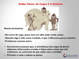 Malba Tahan, Os Cegos E O Elefante
Encontramos pessoas que, à semelhança dos cegos de Jericó,
adiantam informações erradas e falsas sobre coisas que não
conhecem, na convicção de que estão com a verdade.
Primeiro o todo e depois as partes
Morais da história:
Em terra de cego, quem tem um olho anda vendo coisas.
Quando algo é tido como verdade, o que é diferente parece mentira.
Problemas comuns unem.
 