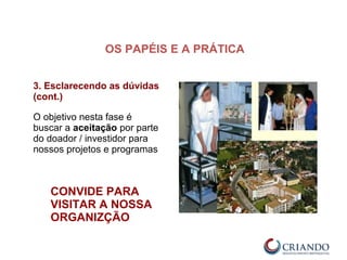 3. Esclarecendo as dúvidas
(cont.)
O objetivo nesta fase é
buscar a aceitação por parte
do doador / investidor para
nossos projetos e programas
CONVIDE PARA
VISITAR A NOSSA
ORGANIZÇÃO
OS PAPÉIS E A PRÁTICA
 